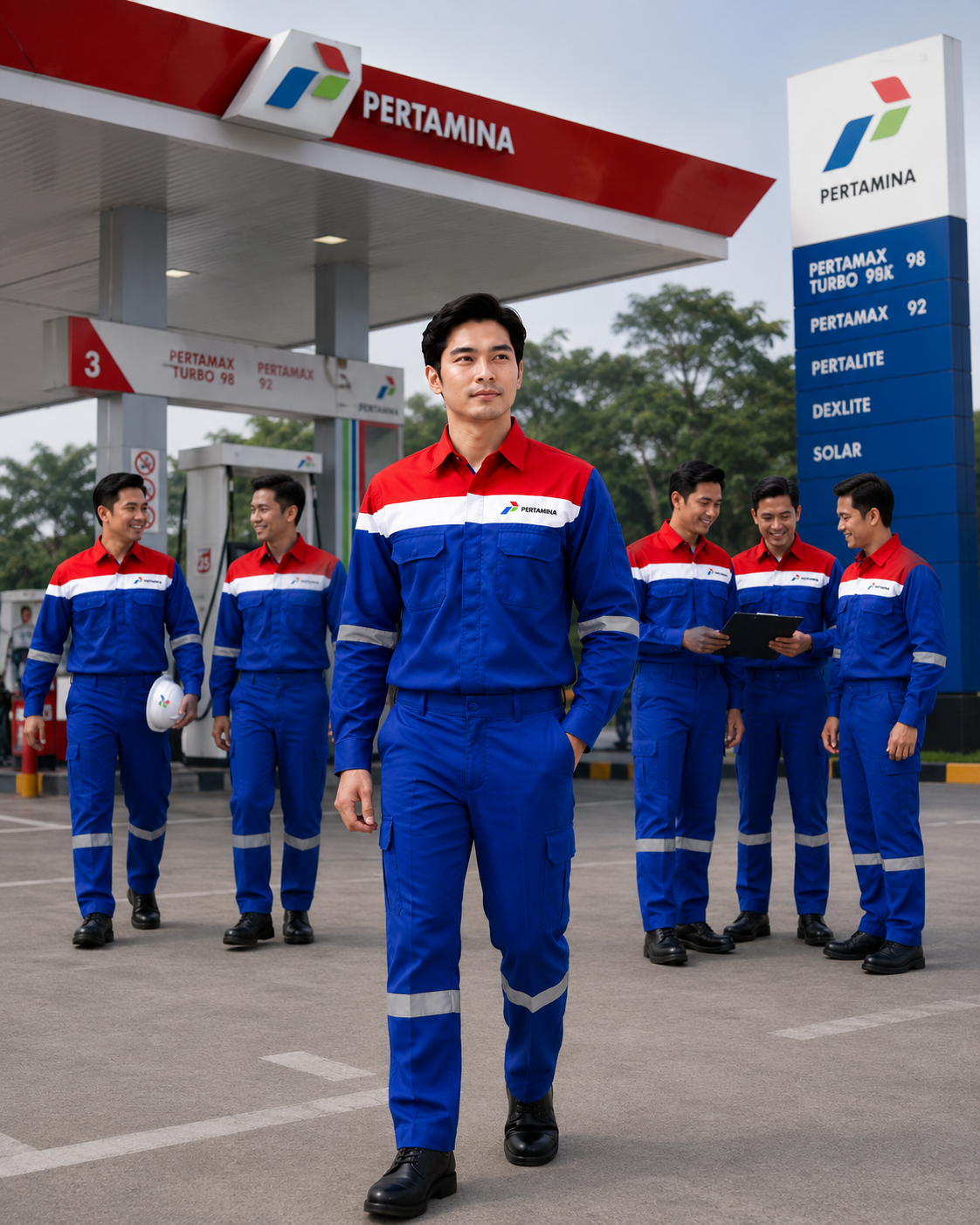 Pertamina team wearing red, white, and blue operational uniforms